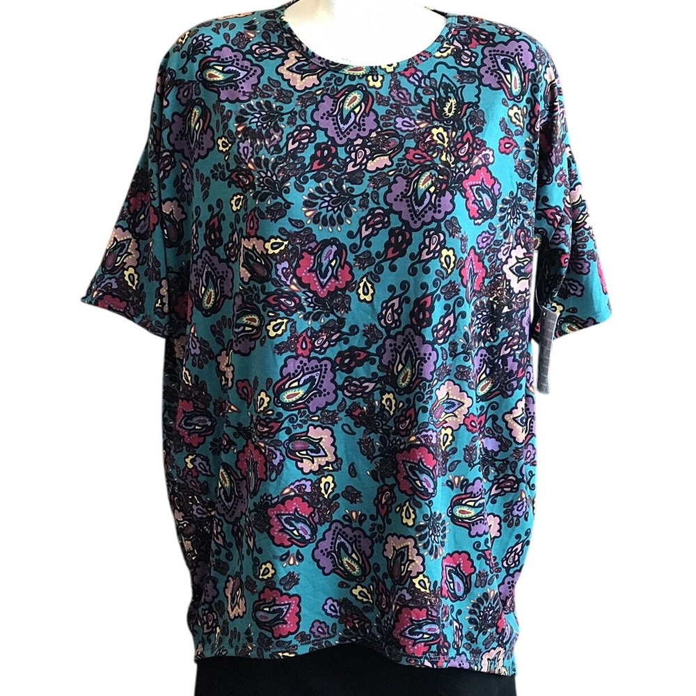 LuLaRoe XS‎ Teal Purple Floral Print Short Sleeve Tunic Top Casual Comfy